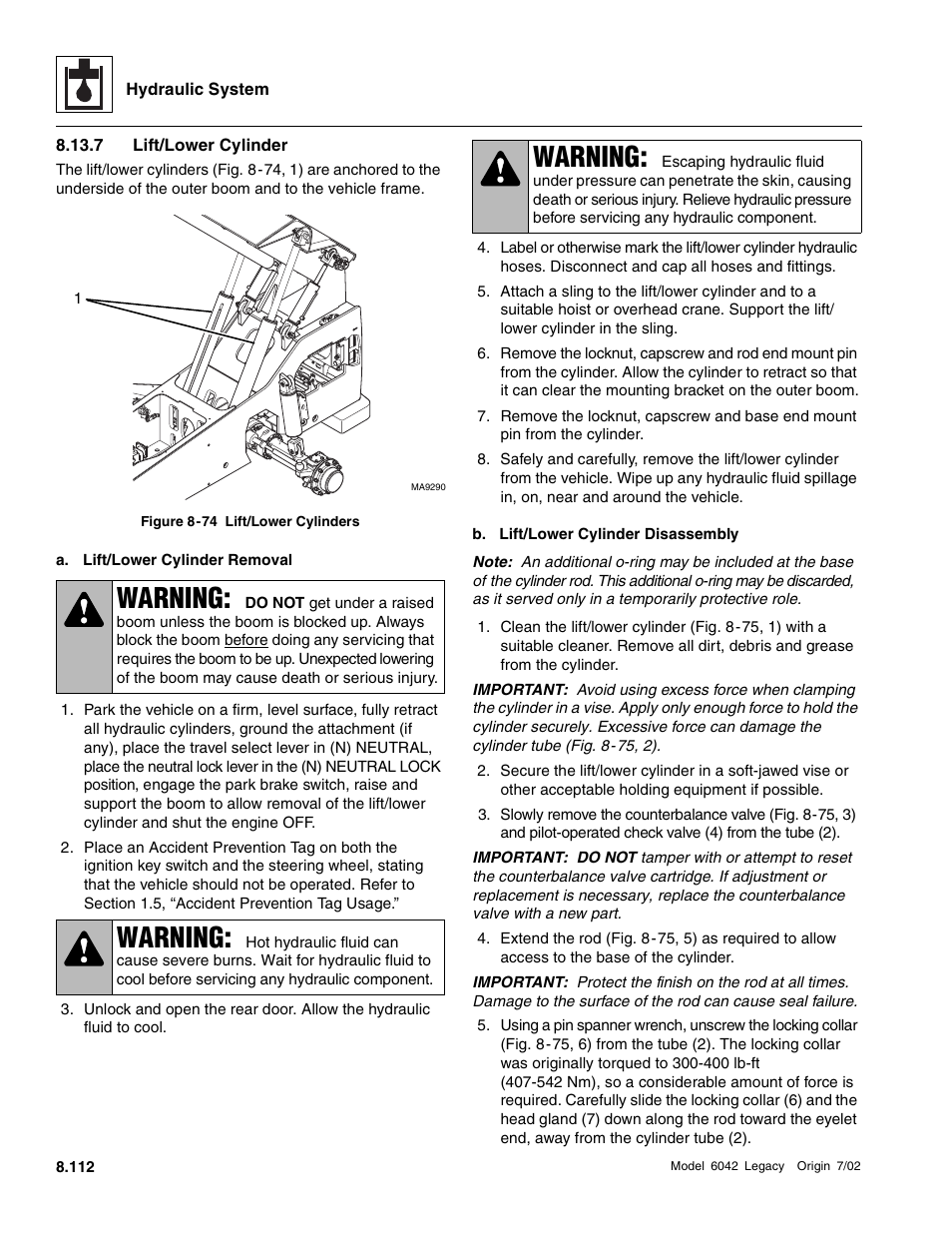 To section, 7, “lift/lower cylinder.”), 7 lift/lower cylinder | Warning | SkyTrak 6042 Service Manual User Manual | Page 344 / 544