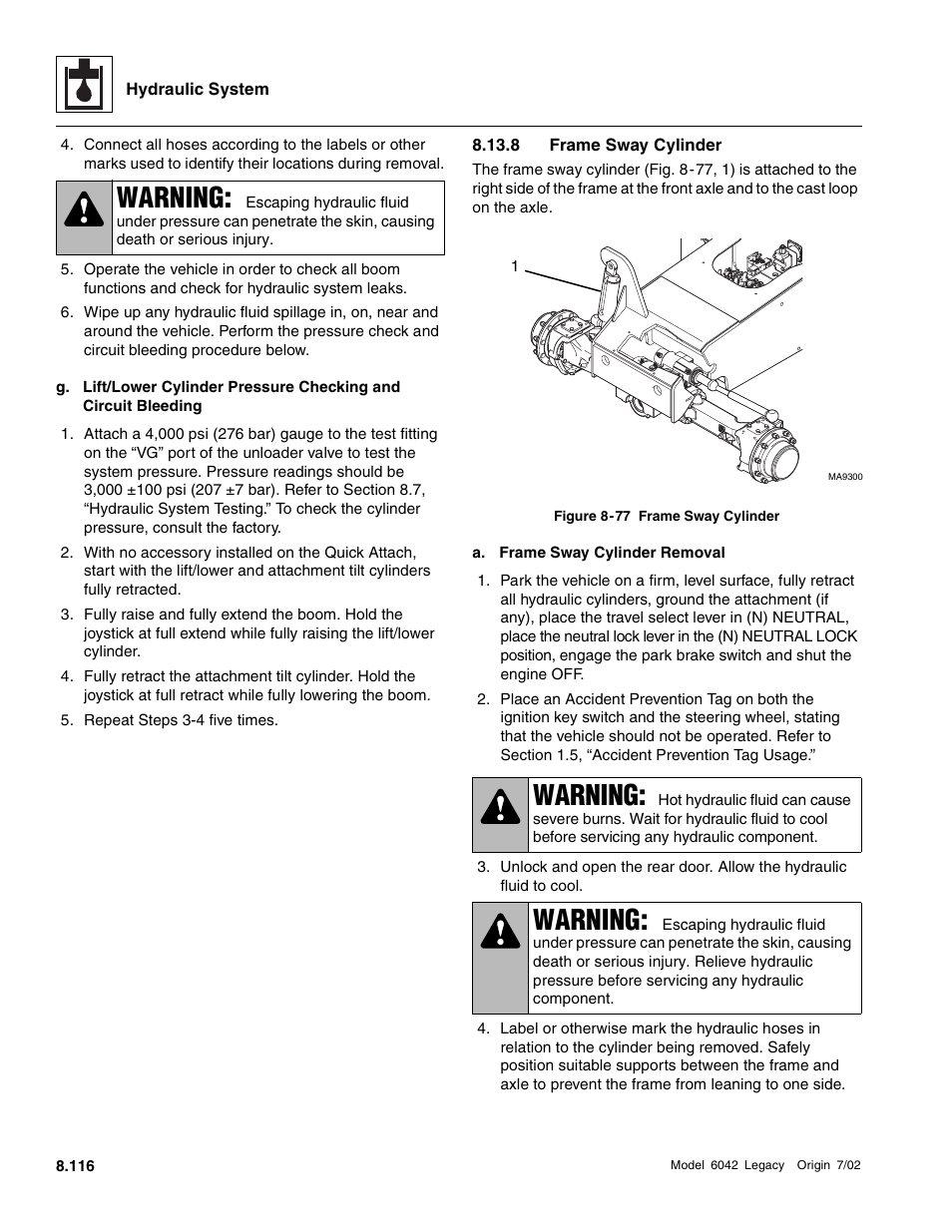 8 frame sway cylinder, Warning | SkyTrak 6042 Service Manual User Manual | Page 348 / 544