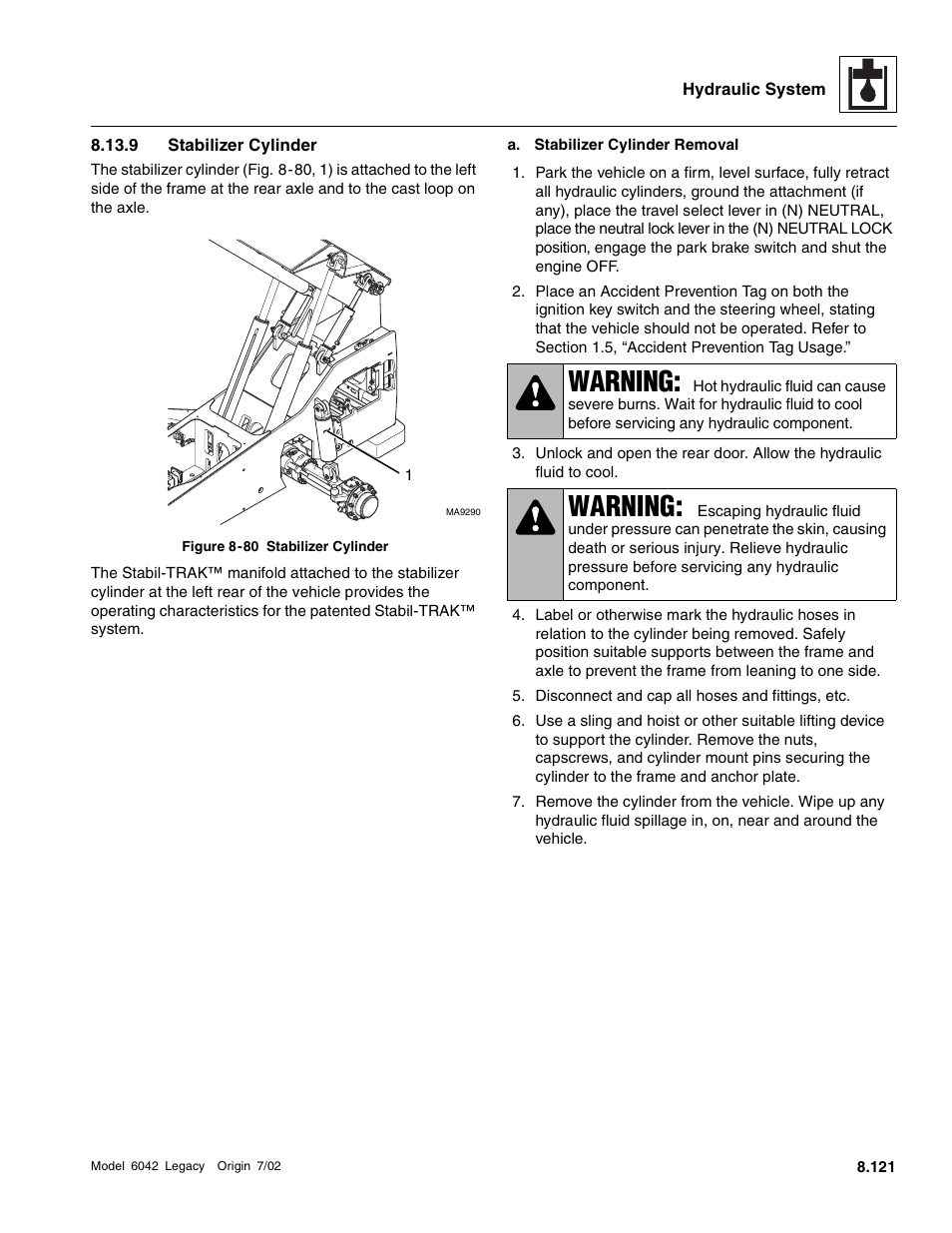 9 stabilizer cylinder, Warning | SkyTrak 6042 Service Manual User Manual | Page 353 / 544