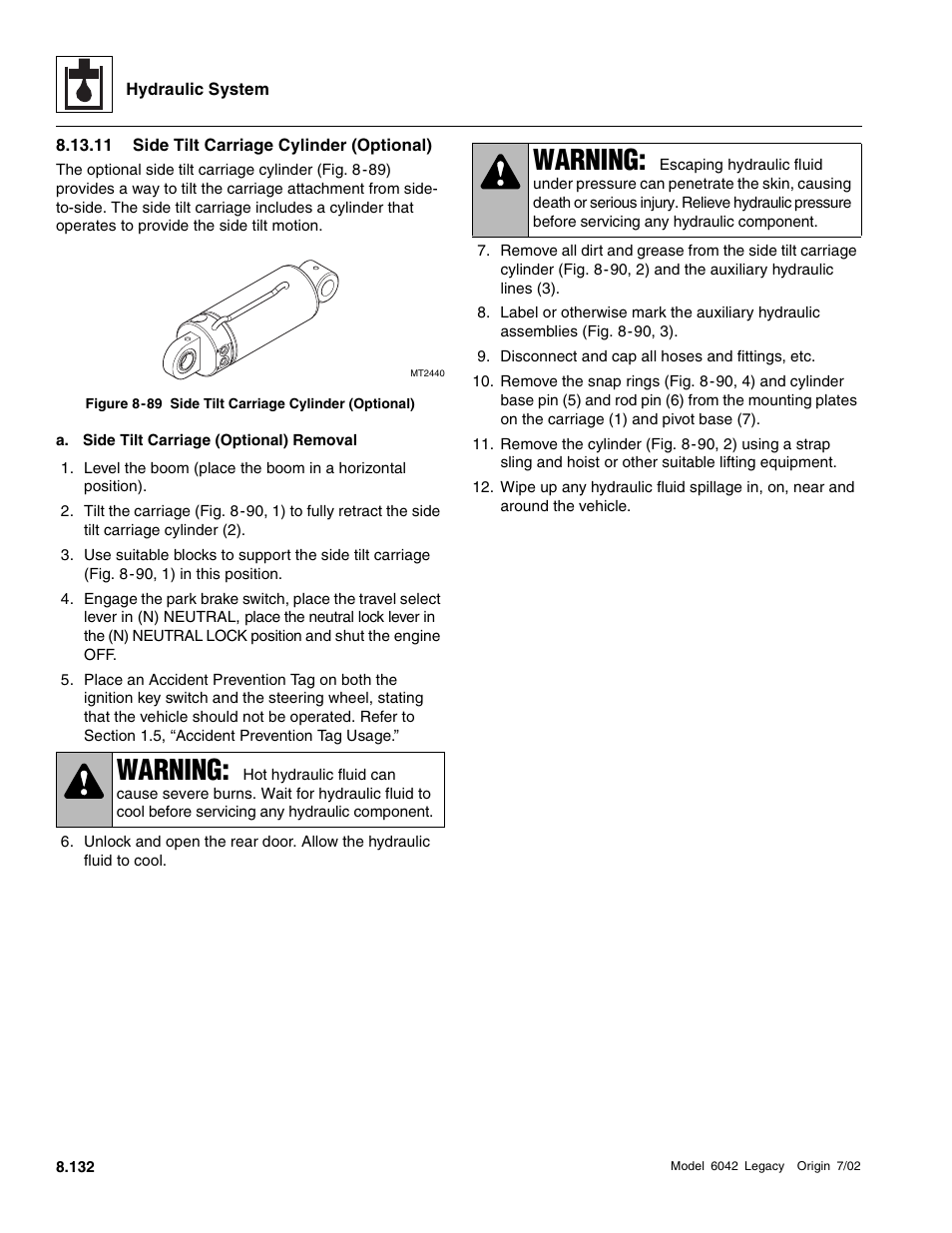 11 side tilt carriage cylinder (optional), Warning | SkyTrak 6042 Service Manual User Manual | Page 364 / 544