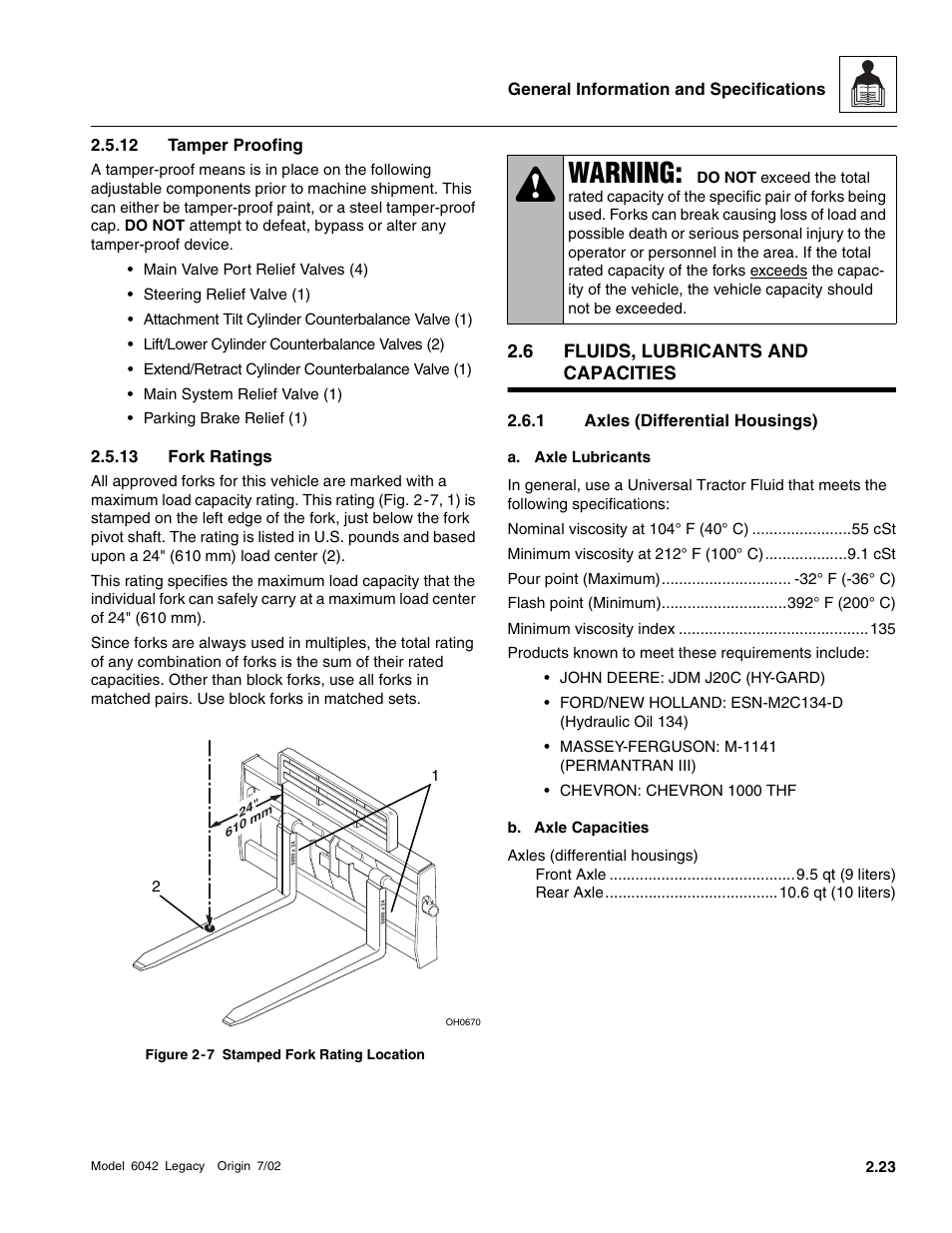 Fluids, lubricants and capacities, 12 tamper proofing, 13 fork ratings | Axles (differential housings), To section 2.6.1, “axles (differential housings), Warning | SkyTrak 6042 Service Manual User Manual | Page 37 / 544