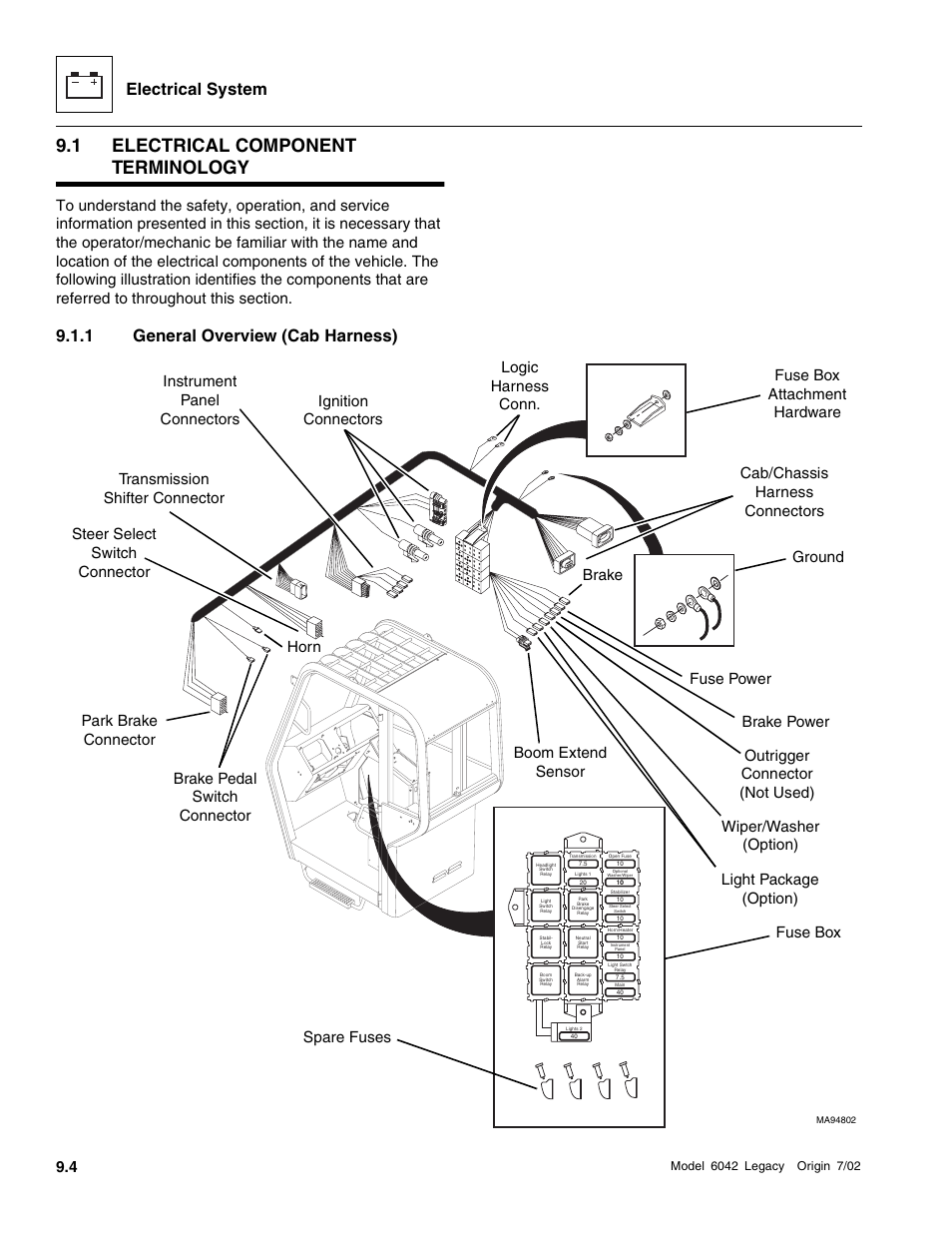 Electrical component terminology, To section 9.1.1, “general overview (cab harness), General overview (cab harness) | 1 electrical component terminology, Electrical system, 1 general overview (cab harness) | SkyTrak 6042 Service Manual User Manual | Page 374 / 544