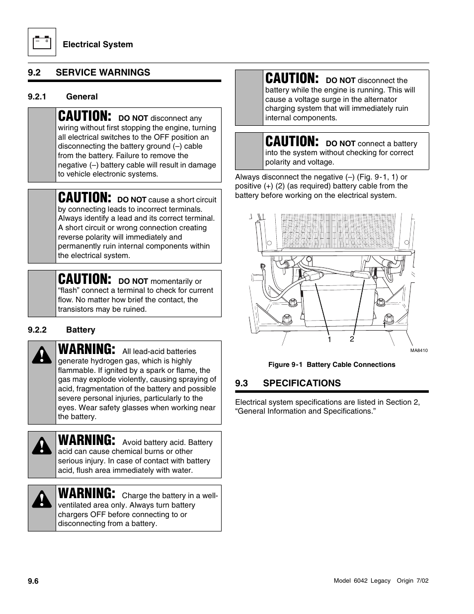 Service warnings, Specifications, General | Battery, Caution, Warning | SkyTrak 6042 Service Manual User Manual | Page 376 / 544