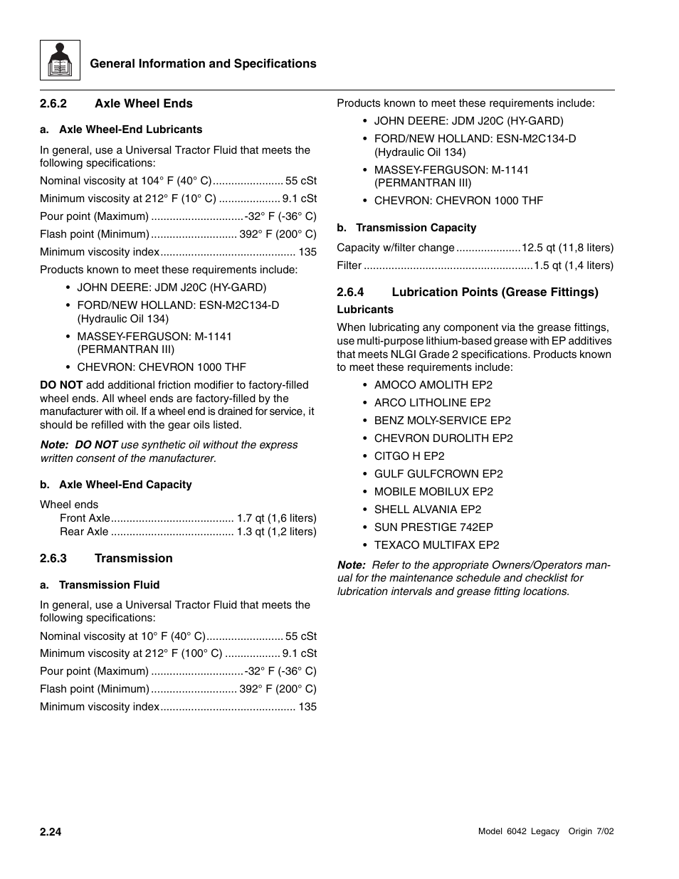 Axle wheel ends, Transmission, Lubrication points (grease fittings) | Section 2.6.3, “transmission | SkyTrak 6042 Service Manual User Manual | Page 38 / 544