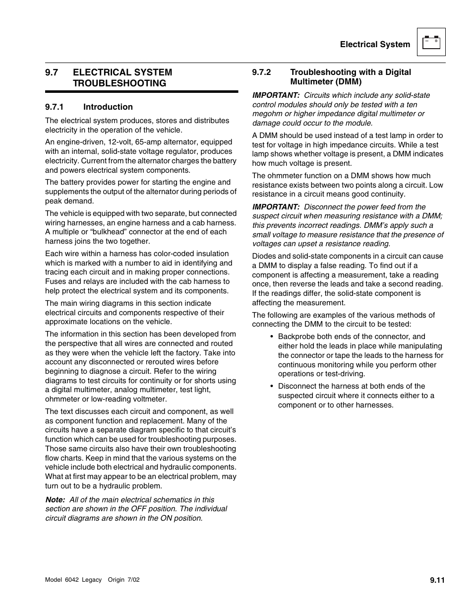 Electrical system troubleshooting, Ents in section 9.7, “electrical, System troubleshooting | Section 9.7, “electrical system troubleshooting, Introduction, Troubleshooting with a digital multimeter (dmm) | SkyTrak 6042 Service Manual User Manual | Page 381 / 544