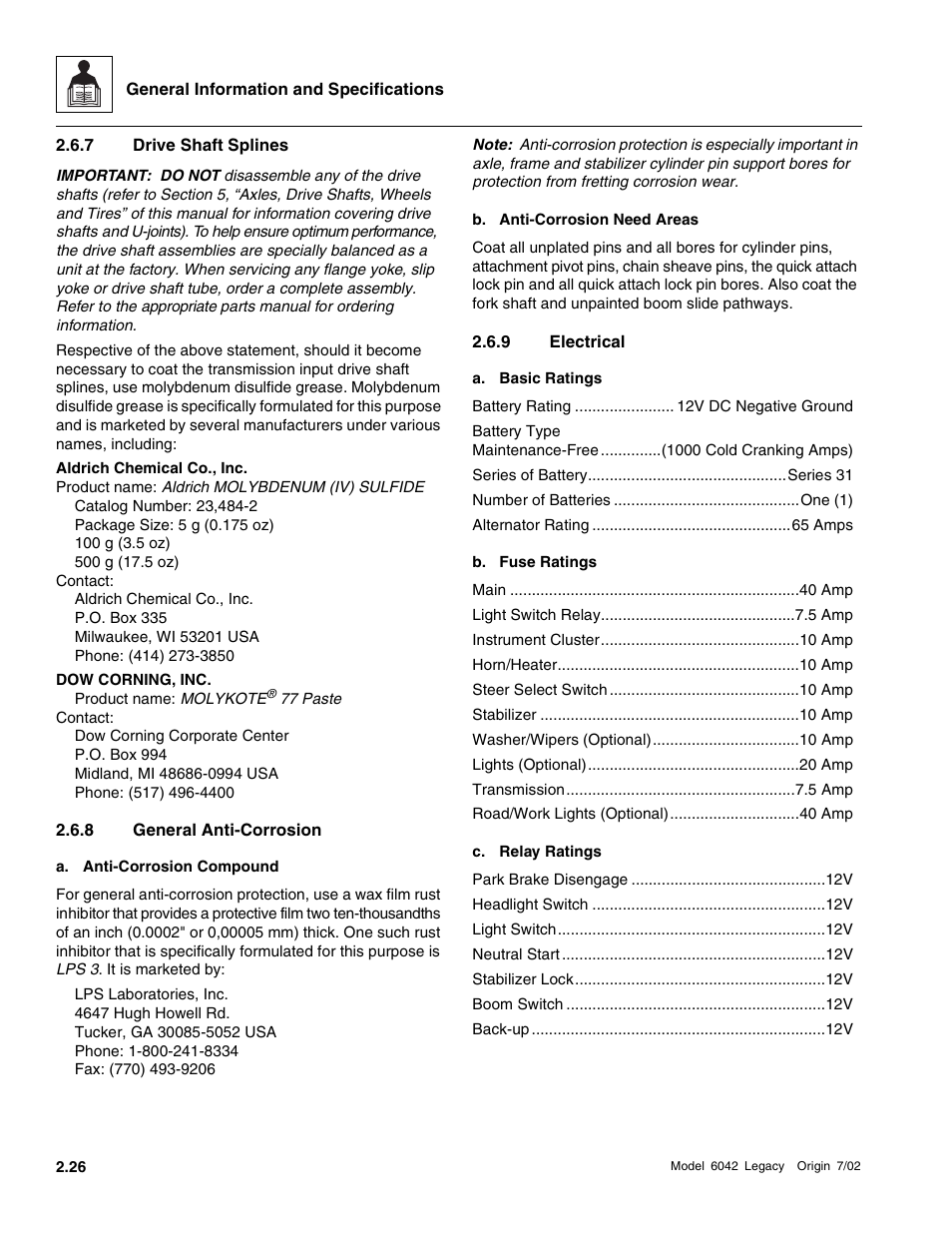 Drive shaft splines, General anti-corrosion, Electrical | SkyTrak 6042 Service Manual User Manual | Page 40 / 544