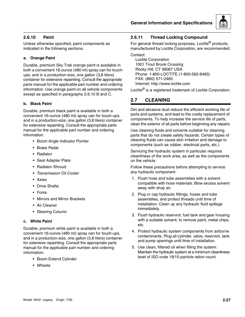 Cleaning, 10 paint, 11 thread locking compound | SkyTrak 6042 Service Manual User Manual | Page 41 / 544