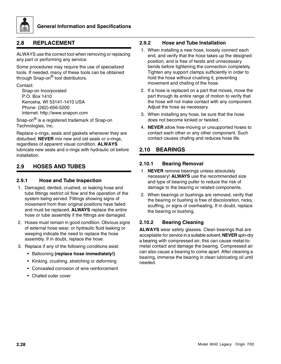 Replacement, Hoses and tubes, Bearings | Hose and tube inspection, Hose and tube installation, 10 bearings, 1 bearing removal, 2 bearing cleaning | SkyTrak 6042 Service Manual User Manual | Page 42 / 544