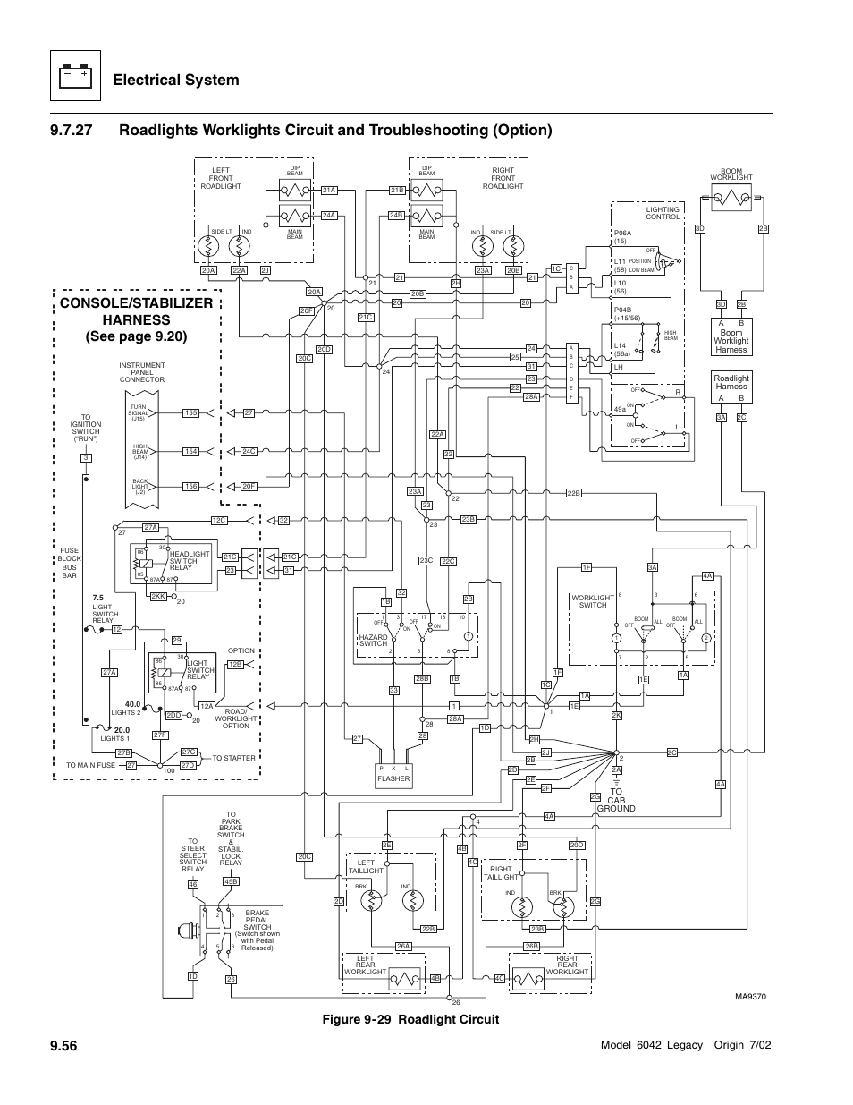 Electrical system, Console/stabilizer harness (s ee page 9.20 ), Figure 9-29 roadlight circuit | SkyTrak 6042 Service Manual User Manual | Page 426 / 544
