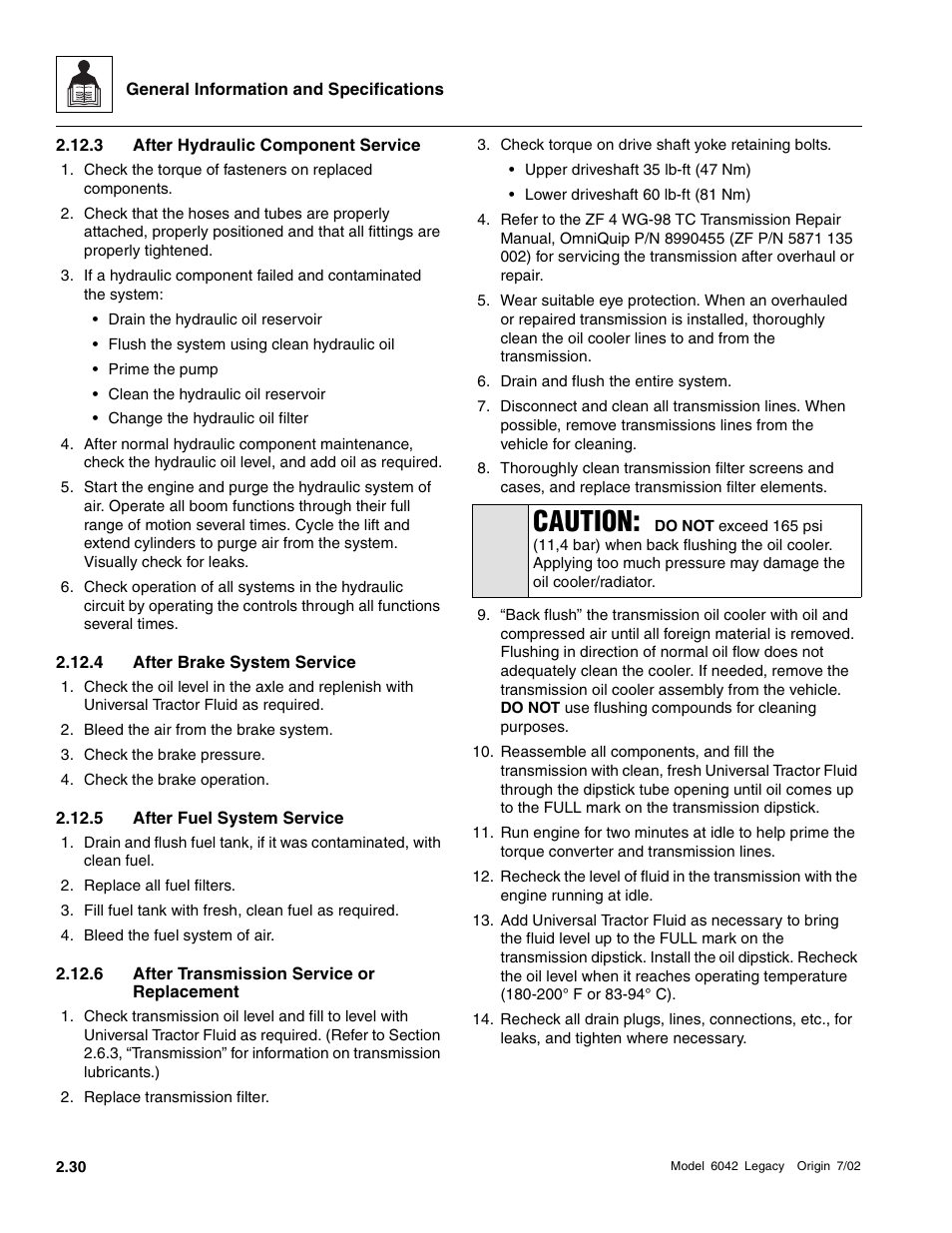 3 after hydraulic component service, 4 after brake system service, 5 after fuel system service | 6 after transmission service or replacement, Caution | SkyTrak 6042 Service Manual User Manual | Page 44 / 544