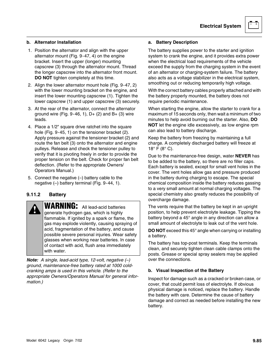 Battery, Warning | SkyTrak 6042 Service Manual User Manual | Page 455 / 544