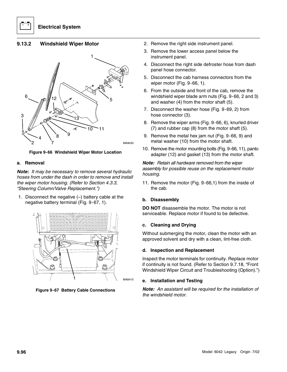 To section 9.13.2, “windshield wiper motor, Windshield wiper motor | SkyTrak 6042 Service Manual User Manual | Page 466 / 544