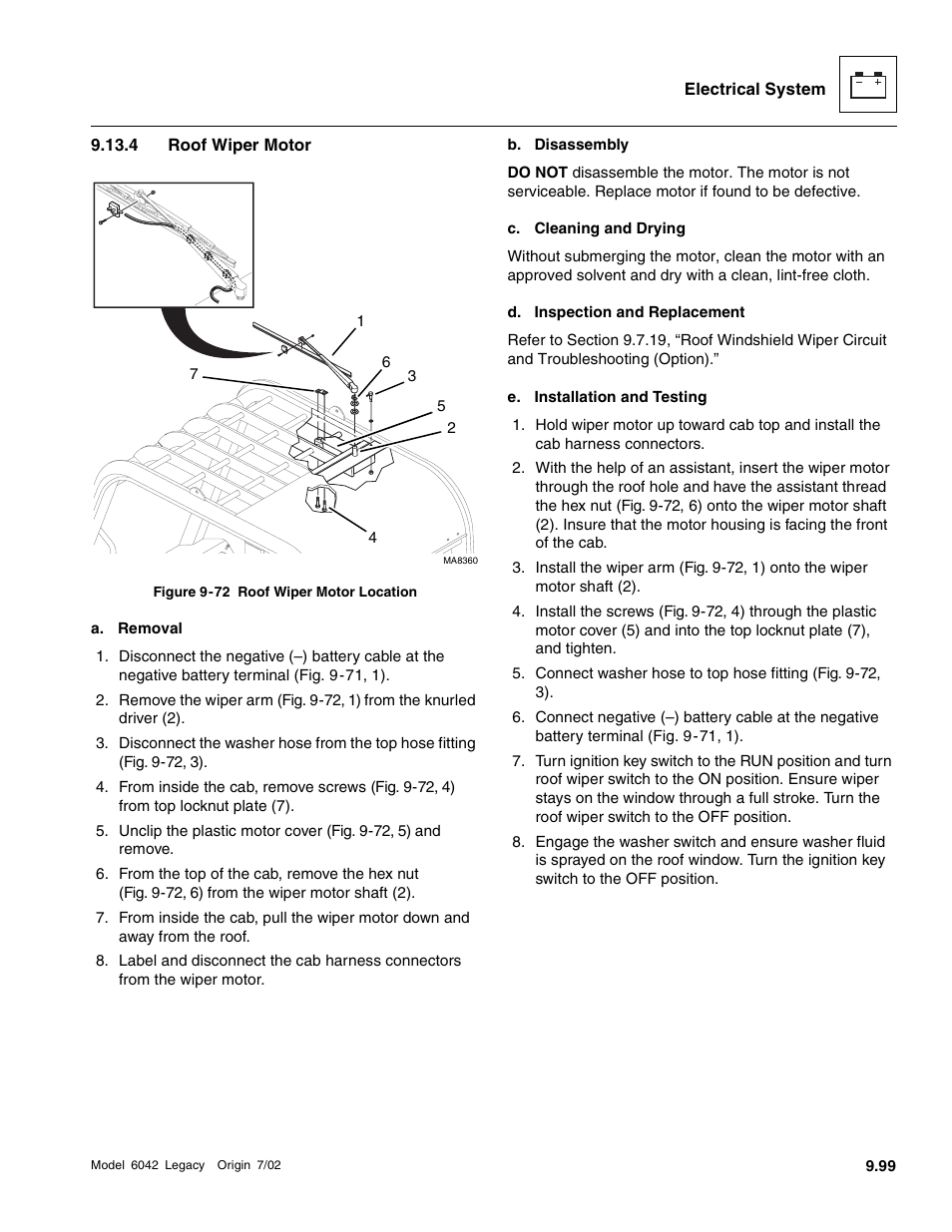 To section 9.13.4, “roof wiper motor” fo, Roof wiper motor | SkyTrak 6042 Service Manual User Manual | Page 469 / 544