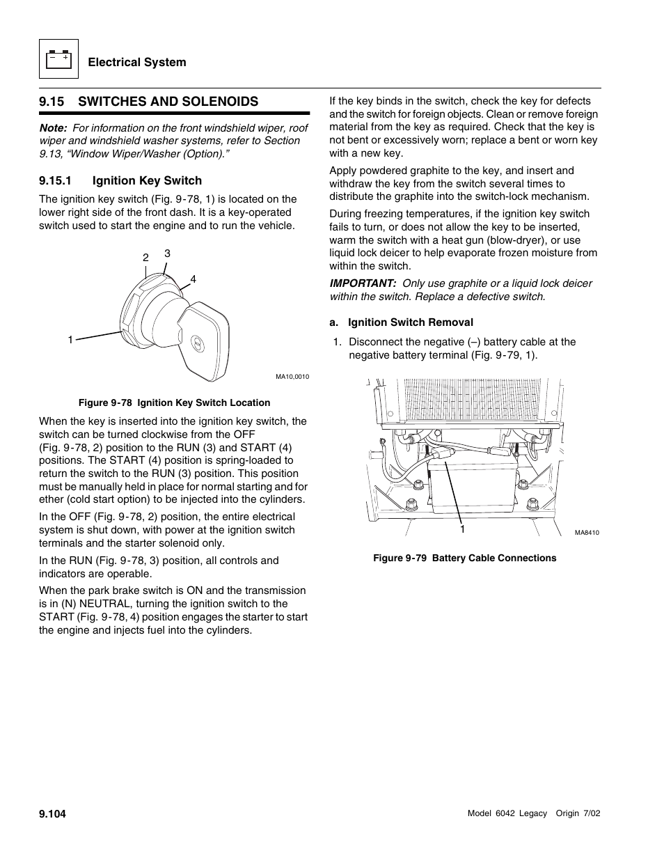 Switches and solenoids, And section, 15, “switches and solenoids | Section 9.15, “switches and solenoids, Switches and solenoids 9.15.1, Ignition key switch | SkyTrak 6042 Service Manual User Manual | Page 474 / 544
