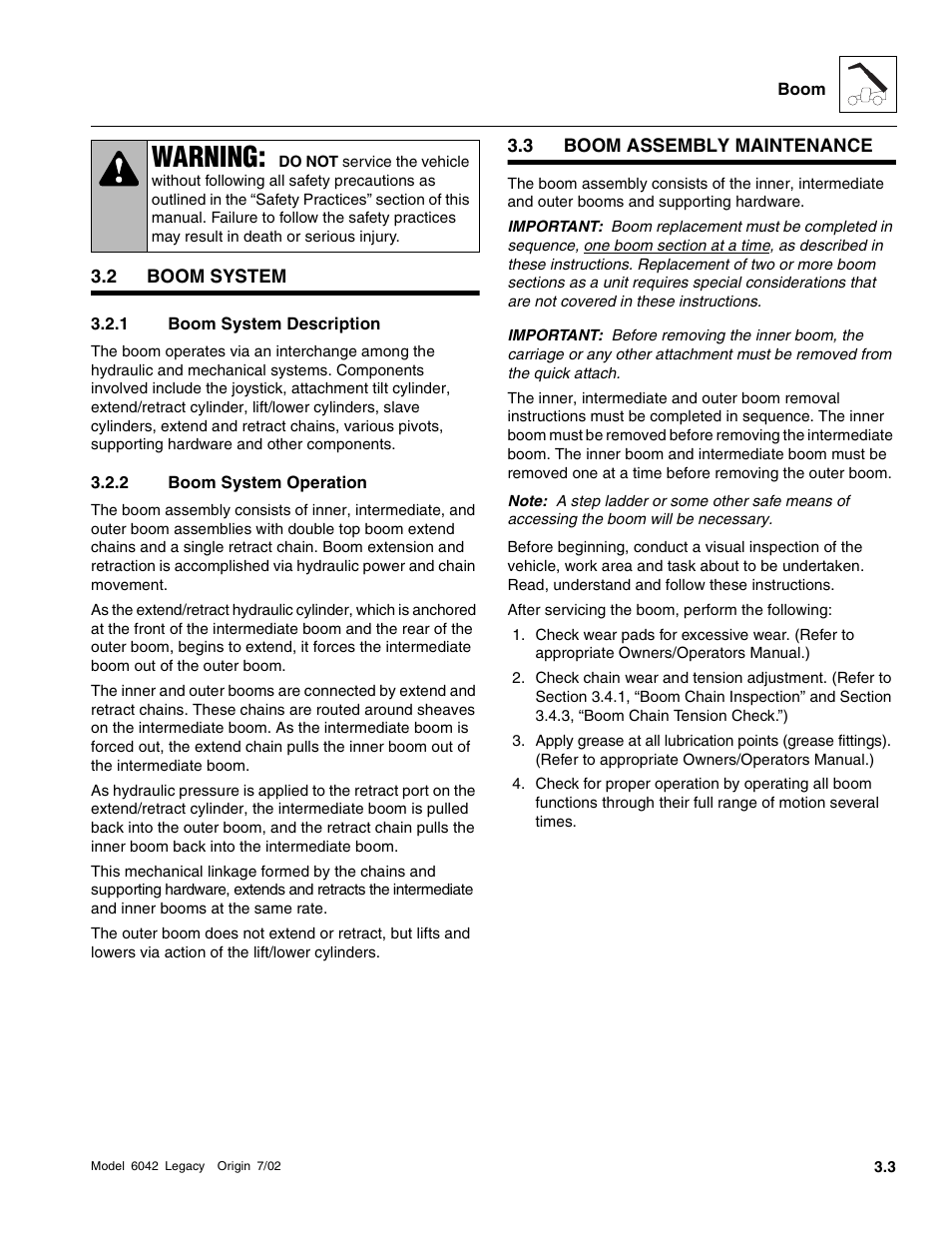 Boom system, Boom assembly maintenance, Boom system description | Boom system operation, Warning | SkyTrak 6042 Service Manual User Manual | Page 49 / 544