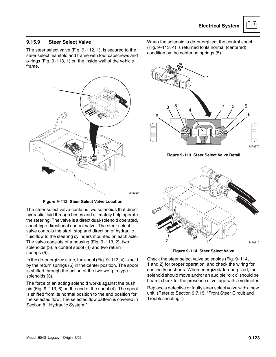 Section 9.15.9, “steer select valve.” t, Steer select valve | SkyTrak 6042 Service Manual User Manual | Page 493 / 544