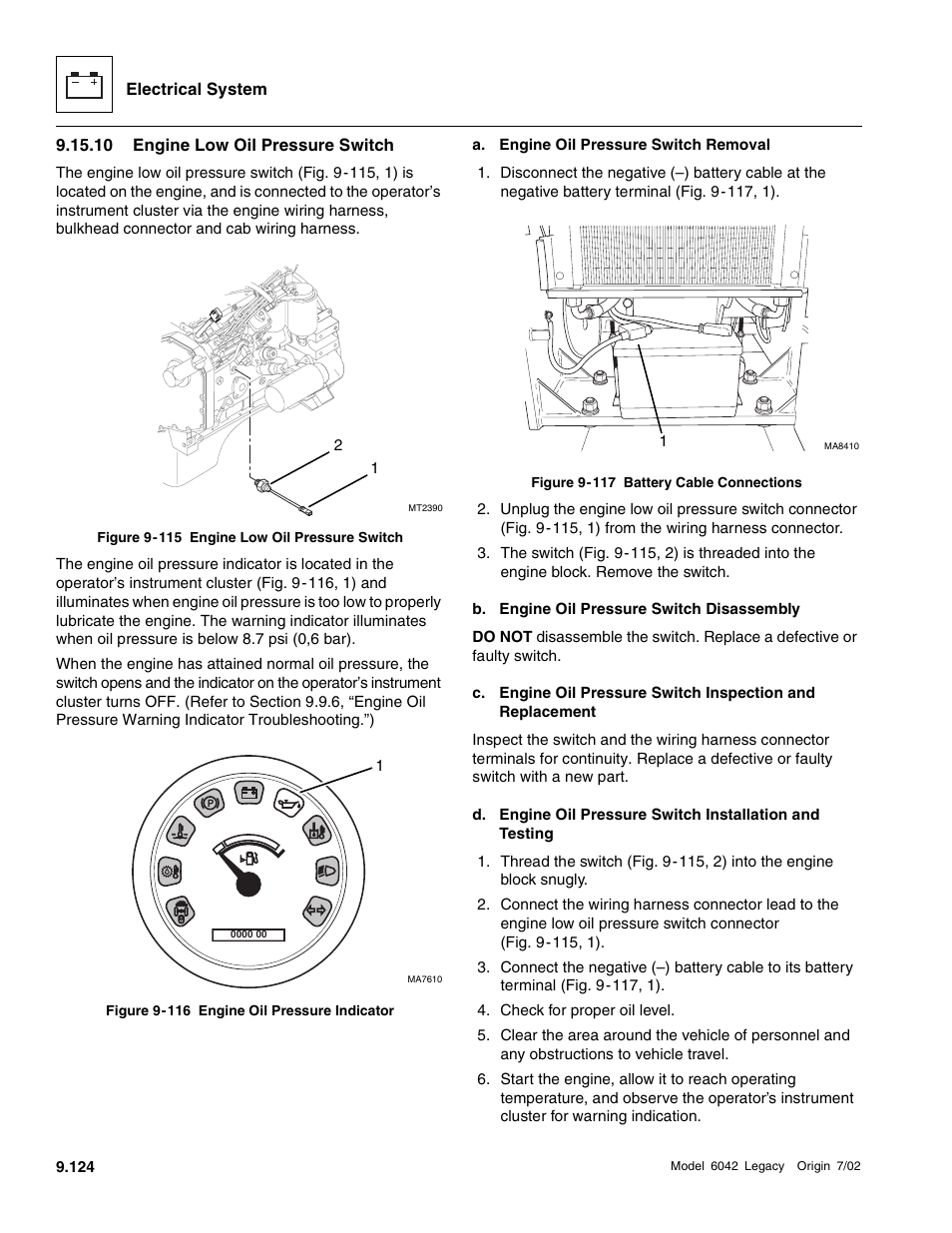 Section 9.15.10, “engine low oil pressure switch, Engine low oil pressure switch | SkyTrak 6042 Service Manual User Manual | Page 494 / 544