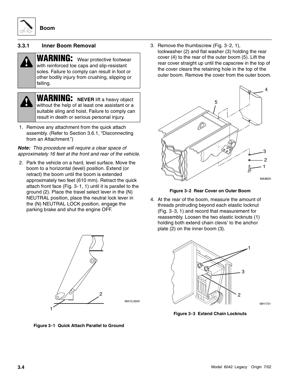 Inner boom removal, Warning | SkyTrak 6042 Service Manual User Manual | Page 50 / 544