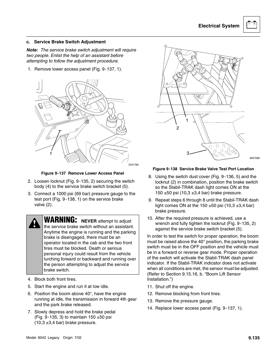 Section, 17, c. “service brake switch adjustment.”), Section 9.15.17, c | Service brake switch adjustment, Warning | SkyTrak 6042 Service Manual User Manual | Page 505 / 544