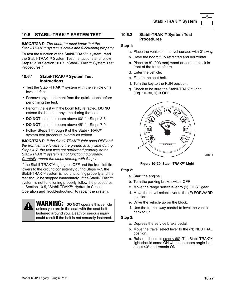 Stabil-trak™ system test, Section 10.6, “sta- bil-trak™ system test, Stabil-trak™ system test 10.6.1 | Stabil-trak™ system test instructions, Stabil-trak™ system test procedures, Warning | SkyTrak 6042 Service Manual User Manual | Page 533 / 544