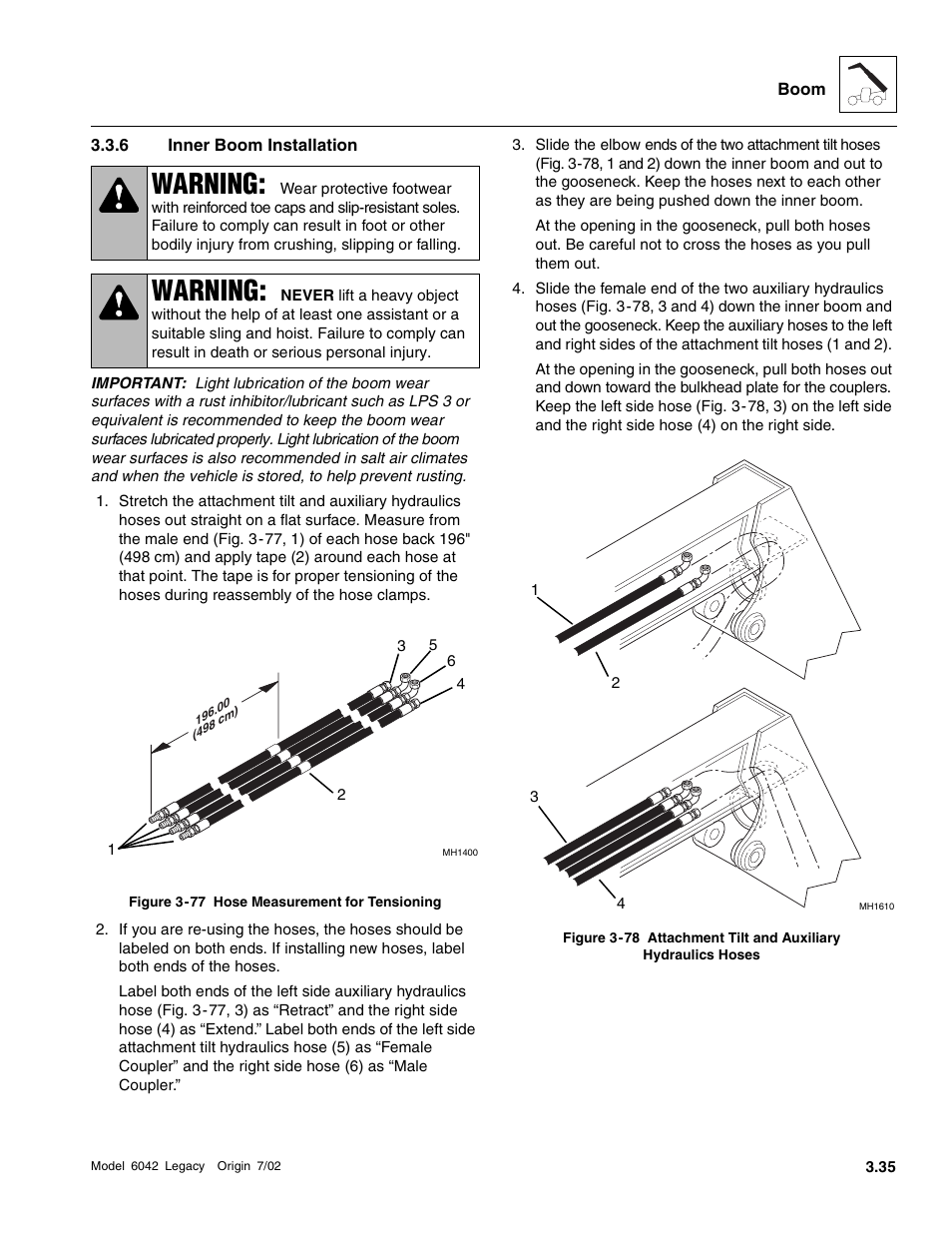 Inner boom installation, Section 3.3.6, “inner boom installation, Section 3.3.6, “inner boom installation.”) | Warning | SkyTrak 6042 Service Manual User Manual | Page 81 / 544