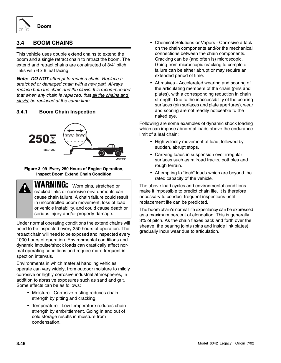 Boom chains, Boom chain inspection, Section 3.4.1, “boom chain inspection | Warning | SkyTrak 6042 Service Manual User Manual | Page 92 / 544