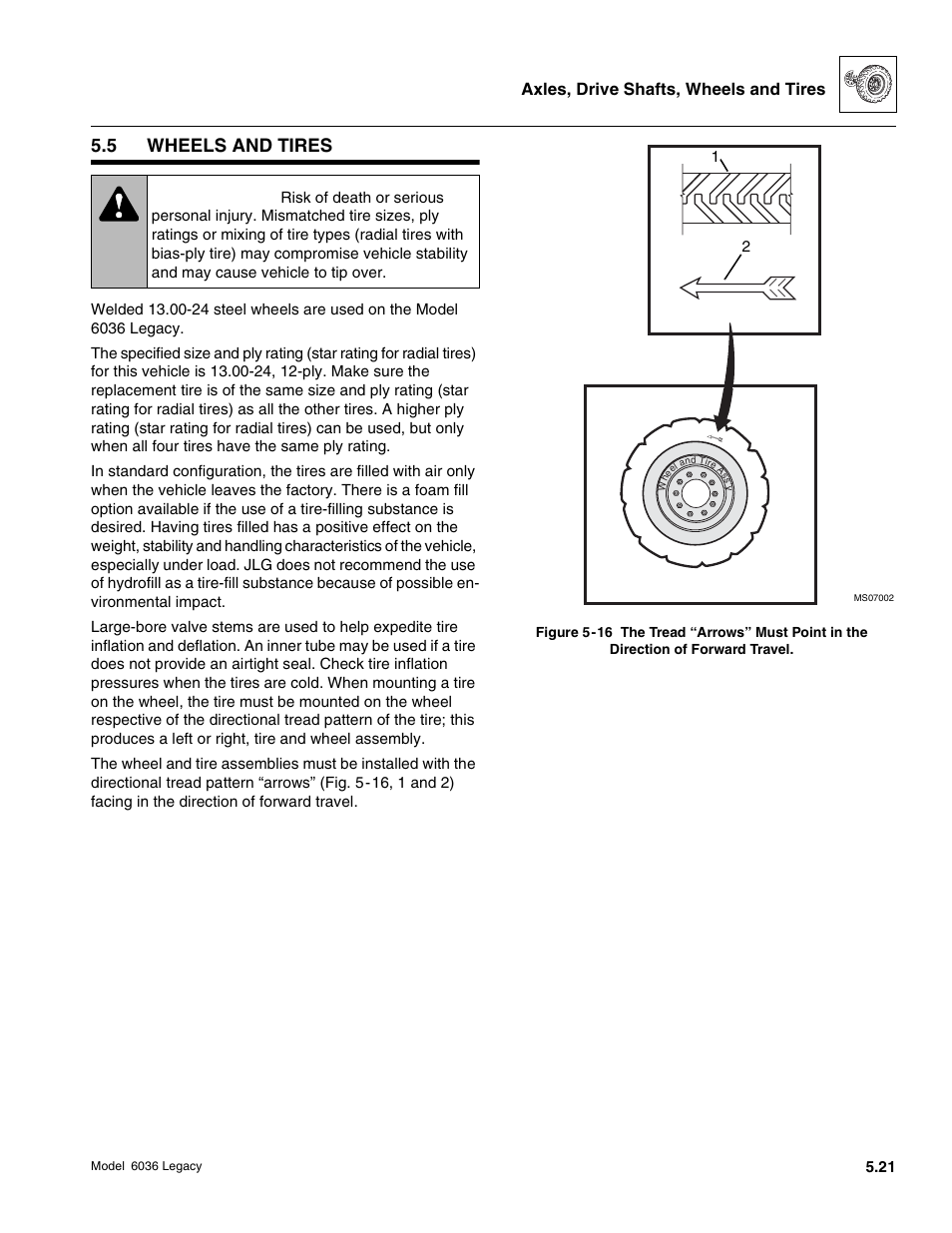 Warning, 5 wheels and tires | SkyTrak 6036 Service Manual User Manual | Page 157 / 460