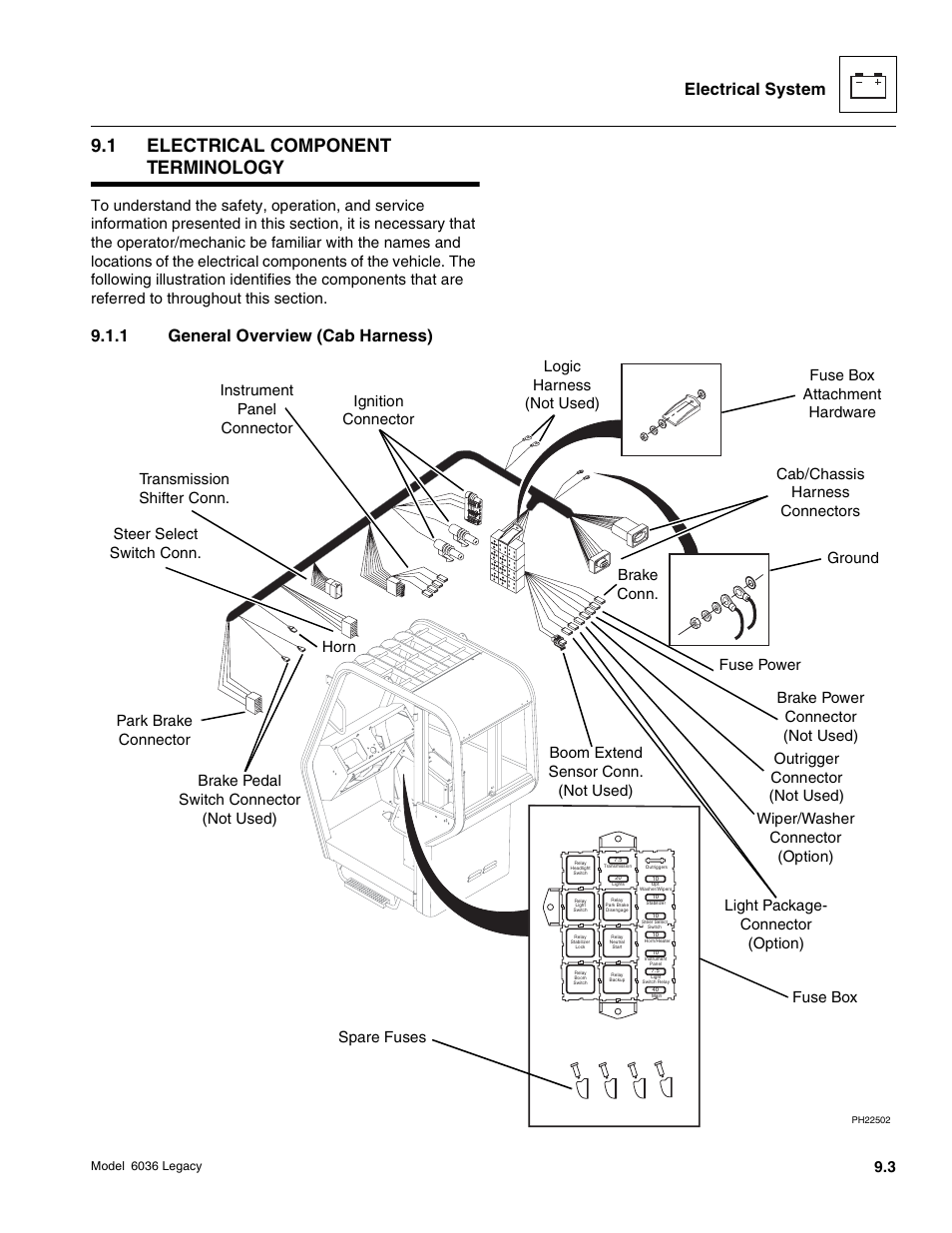 1 electrical component terminology, Electrical system, 1 general overview (cab harness) | SkyTrak 6036 Service Manual User Manual | Page 355 / 460