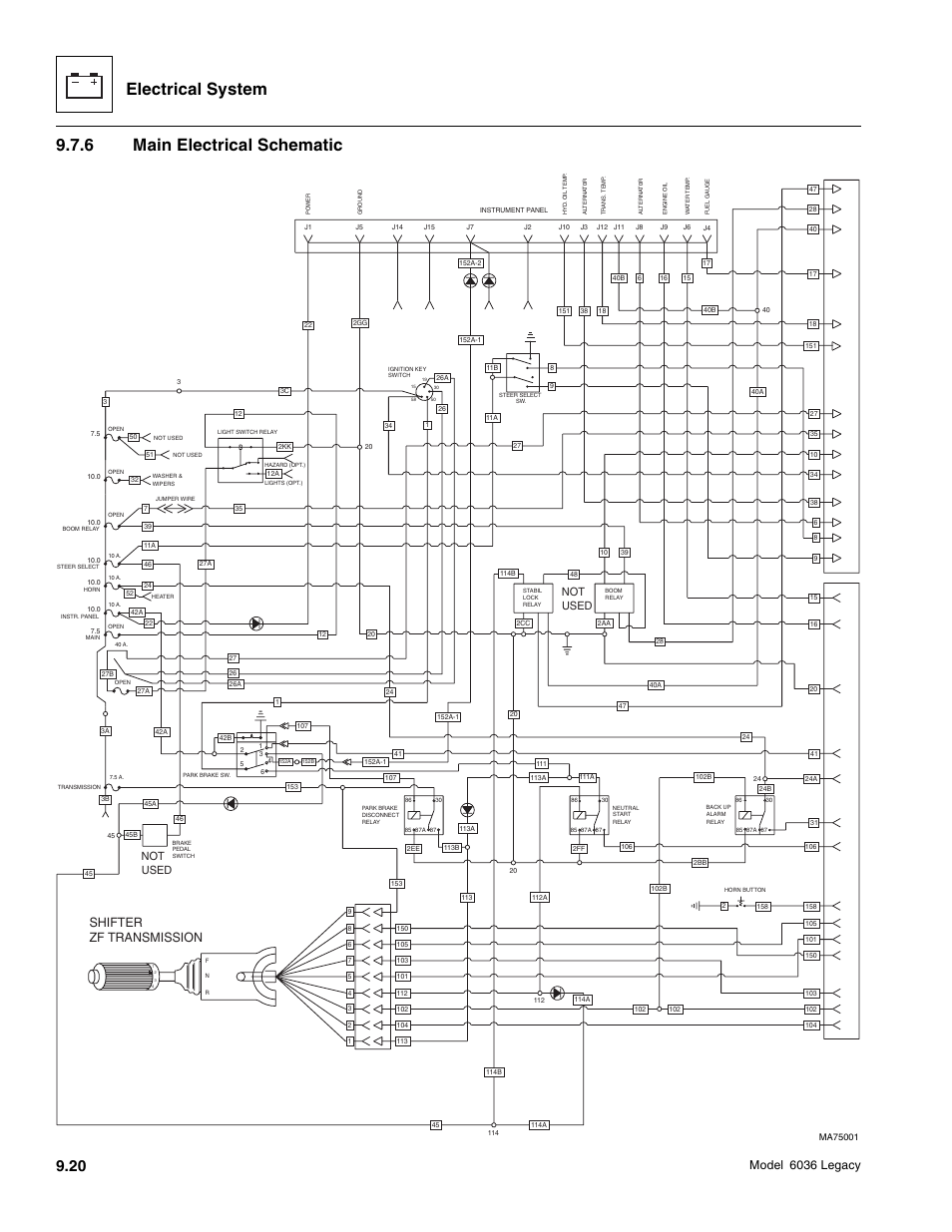 Electrical system, 6 main electrical schematic, Model 6036 legacy | Shifter zf transmission, Not used used not | SkyTrak 6036 Service Manual User Manual | Page 372 / 460