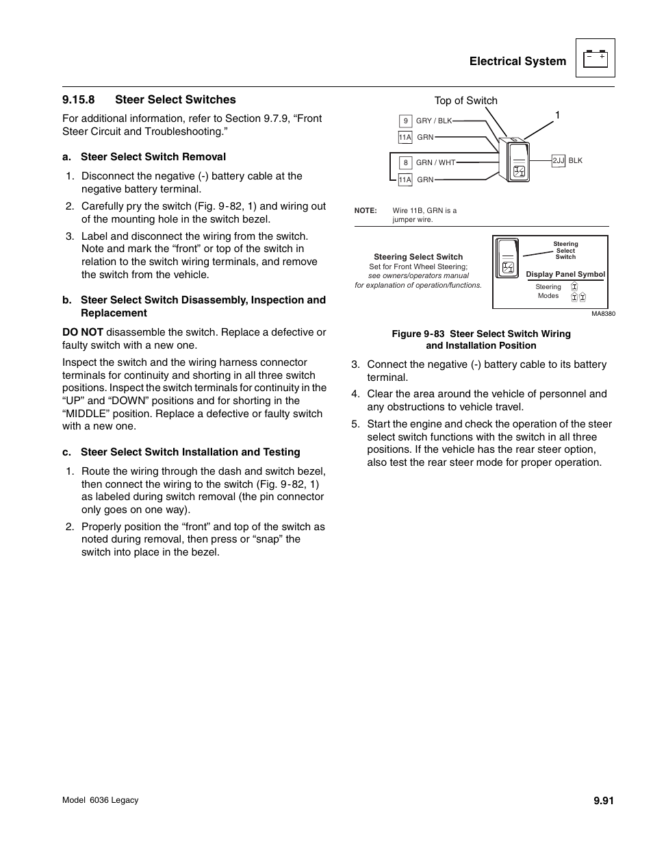 Electrical system 9.15.8 steer select switches | SkyTrak 6036 Service Manual User Manual | Page 443 / 460