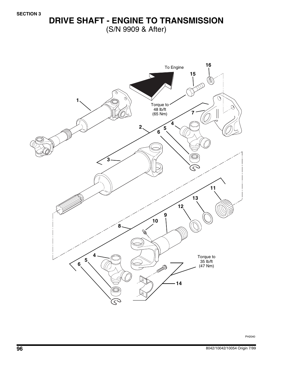 Drive shaft - engine to transmission, S/n 9909 & after) | SkyTrak 10054 User Manual | Page 100 / 412