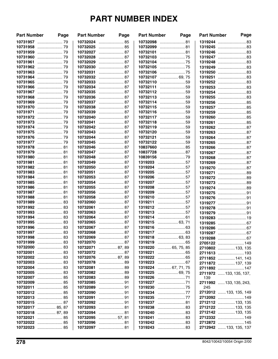 Part number index | SkyTrak 10054 User Manual | Page 402 / 412