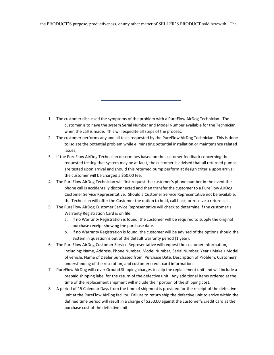 Warranty procedure | PureFlow AirDog DF-100 W/O In-Tank Fuel Pump - Dodge Cummins 1998.5-2004 User Manual | Page 24 / 24
