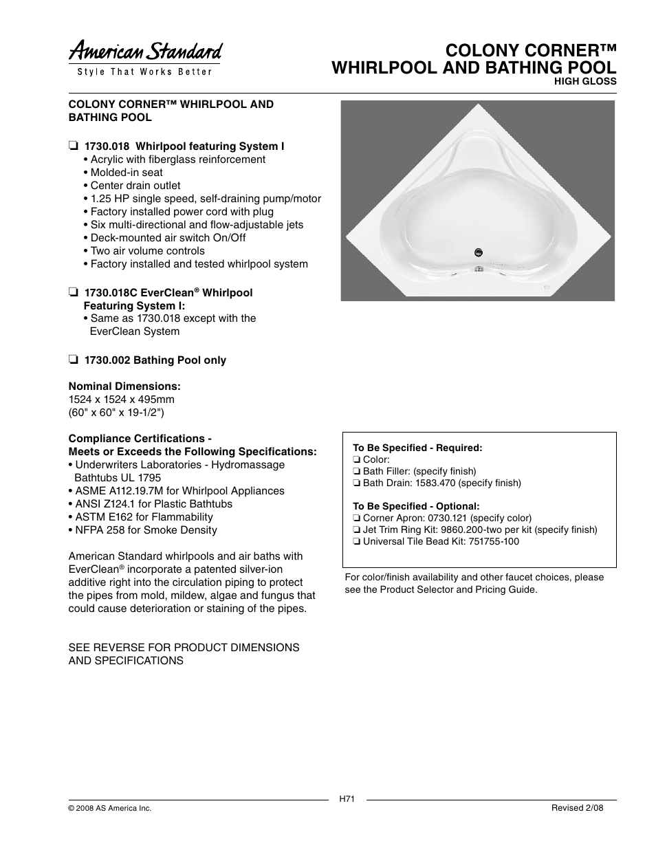 American Standard Colony Corner 1730.018 User Manual | 2 pages