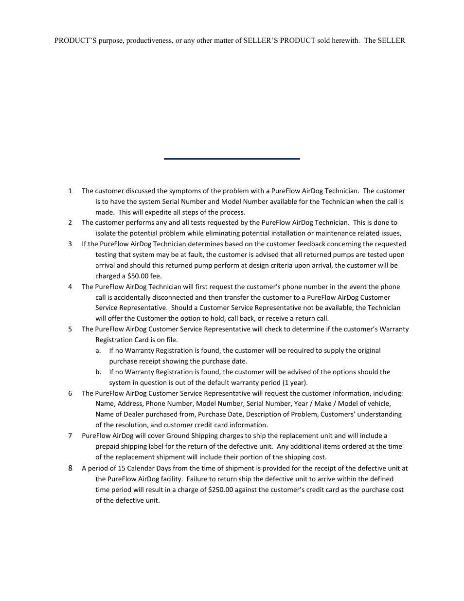 Warranty procedure | PureFlow AirDog RP-150 Replaces High Pressure Pump - 7.3L Ford 1999-2003 User Manual | Page 15 / 15