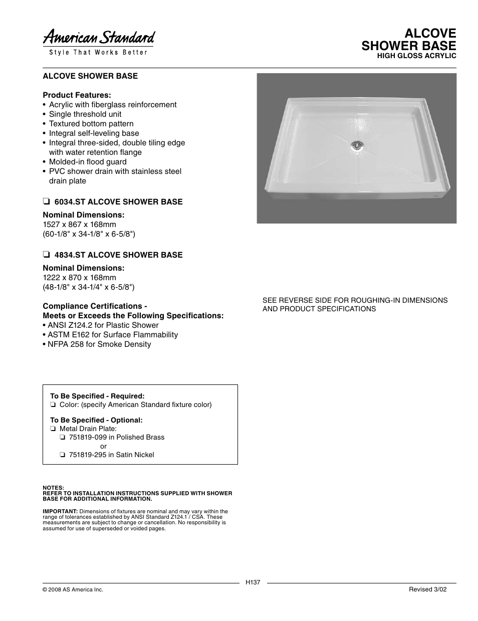 American Standard Acrylic 6034.ST User Manual | 2 pages