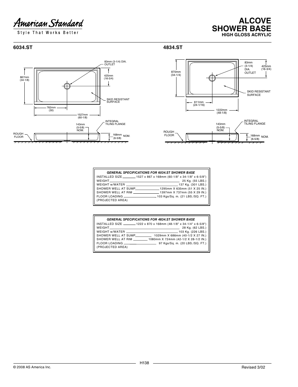 Alcove shower base, High gloss acrylic | American Standard Acrylic 6034.ST User Manual | Page 2 / 2