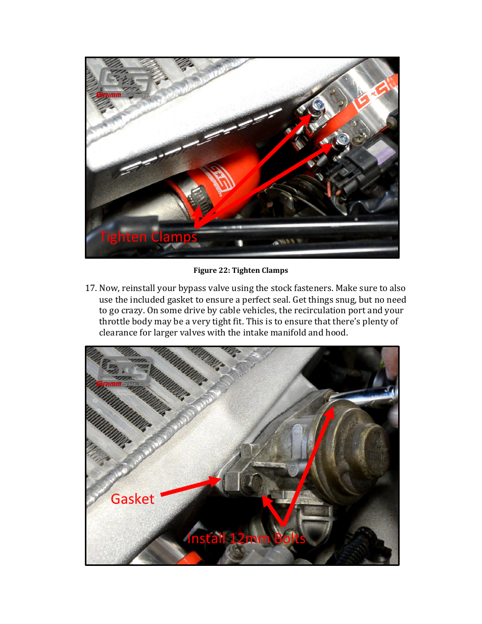 Tighten clamps install 12mm bolts gasket | GrimmSpeed 02-07 WRX Top Mount Intercooler User Manual | Page 14 / 17
