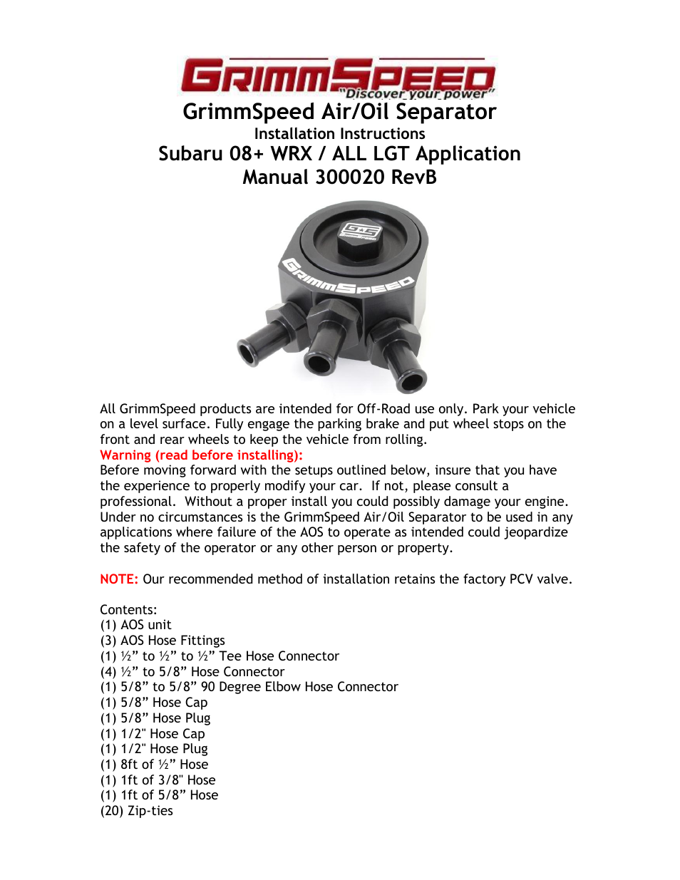 GrimmSpeed 08+ WRX/STi AOS User Manual | 9 pages