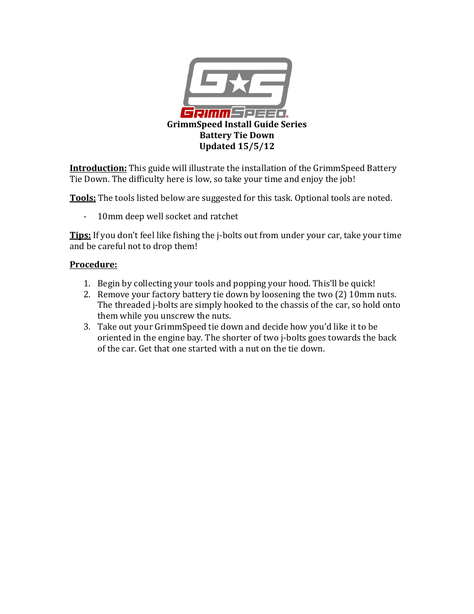 GrimmSpeed Battery Tie Down User Manual | 3 pages