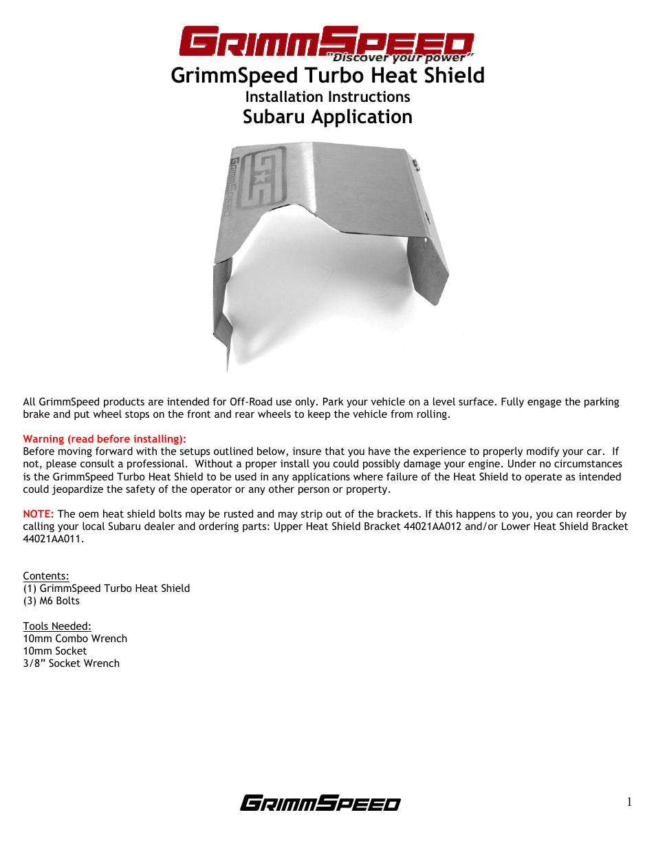 GrimmSpeed Heat Shield User Manual | 3 pages