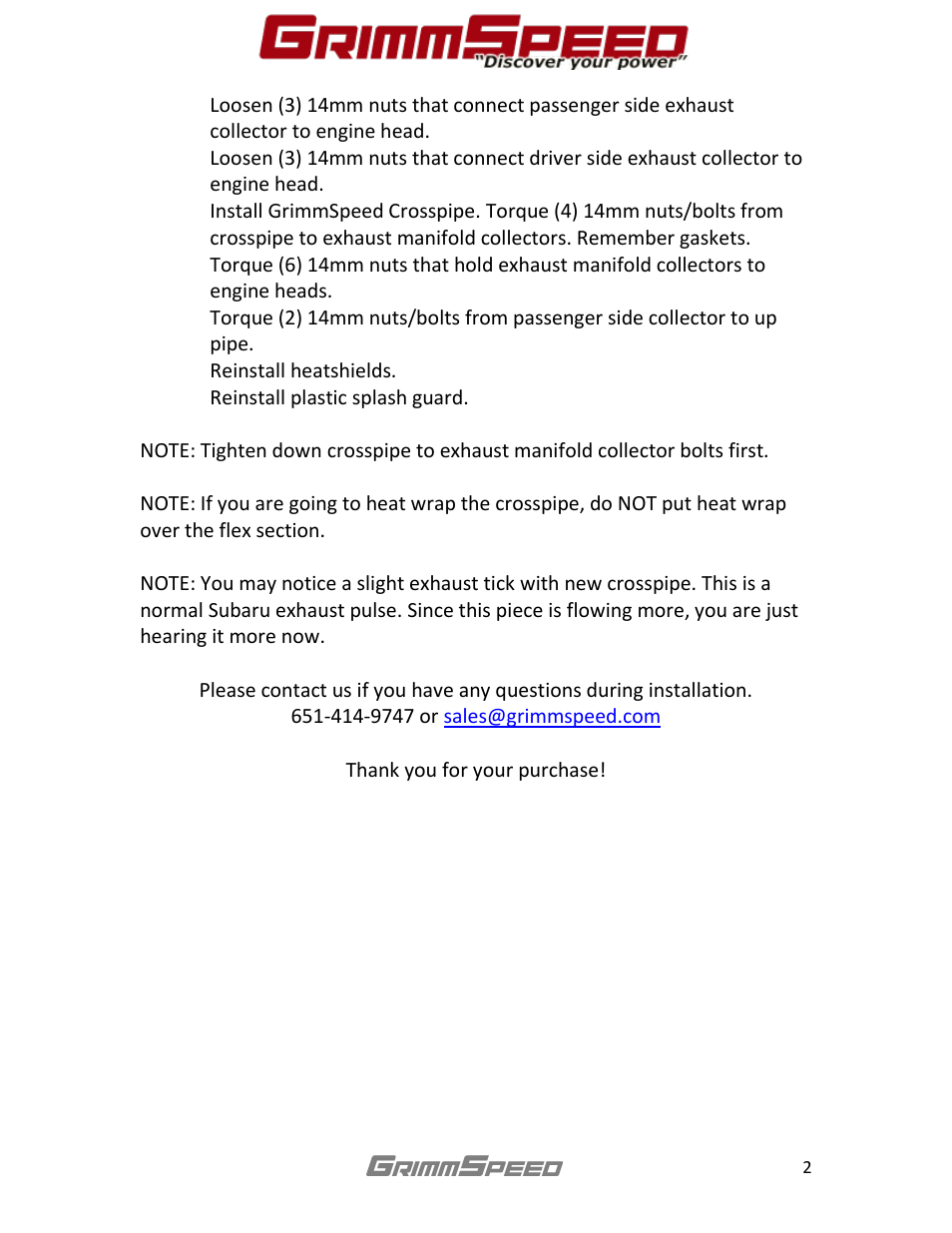 GrimmSpeed HiFlow CrossPipe User Manual | Page 2 / 2