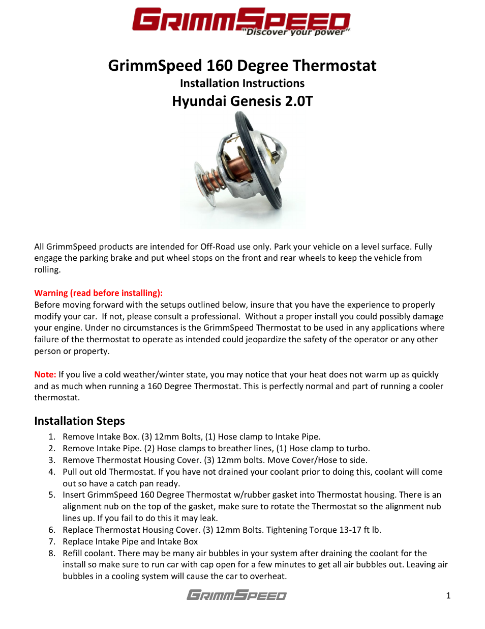 GrimmSpeed Hyundai 160 Thermostat User Manual | 2 pages