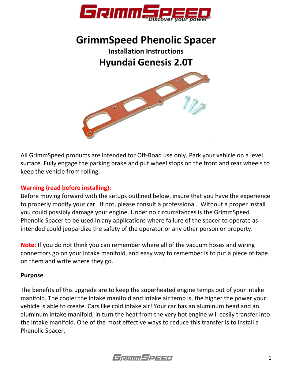 GrimmSpeed Hyundai Phenolic Spacer User Manual | 3 pages