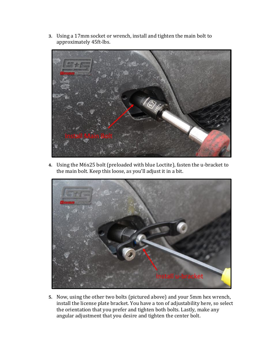 Install main bolt install u-bracket | GrimmSpeed License Plate Relocation User Manual | Page 2 / 3