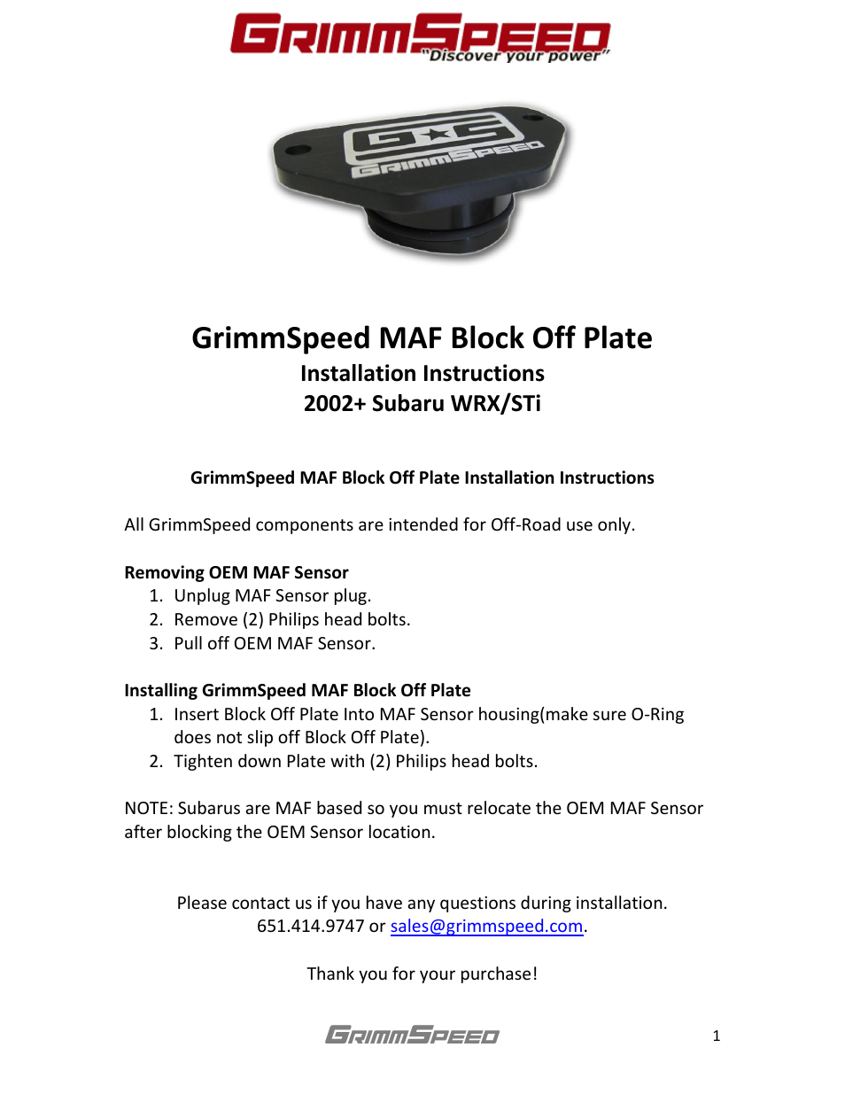 GrimmSpeed Subaru MAF Block Off User Manual | 1 page