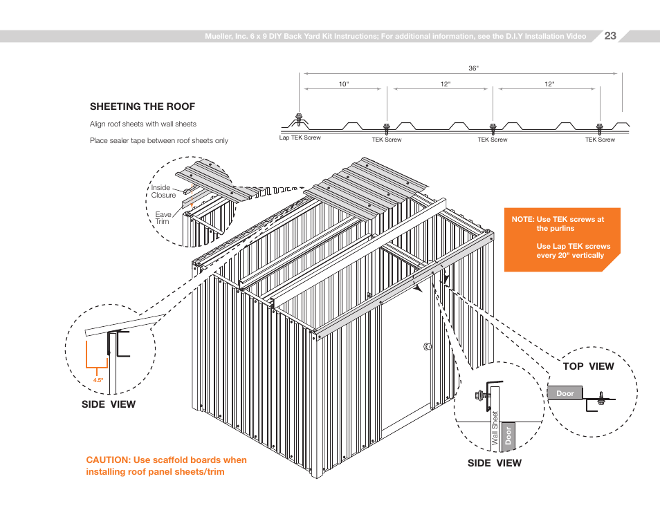 Sheeting the roof, Side view, Side view top view | Mueller 6x9 (D.I.Y.) with Optional Center Girts and Floor Kit User Manual | Page 23 / 26