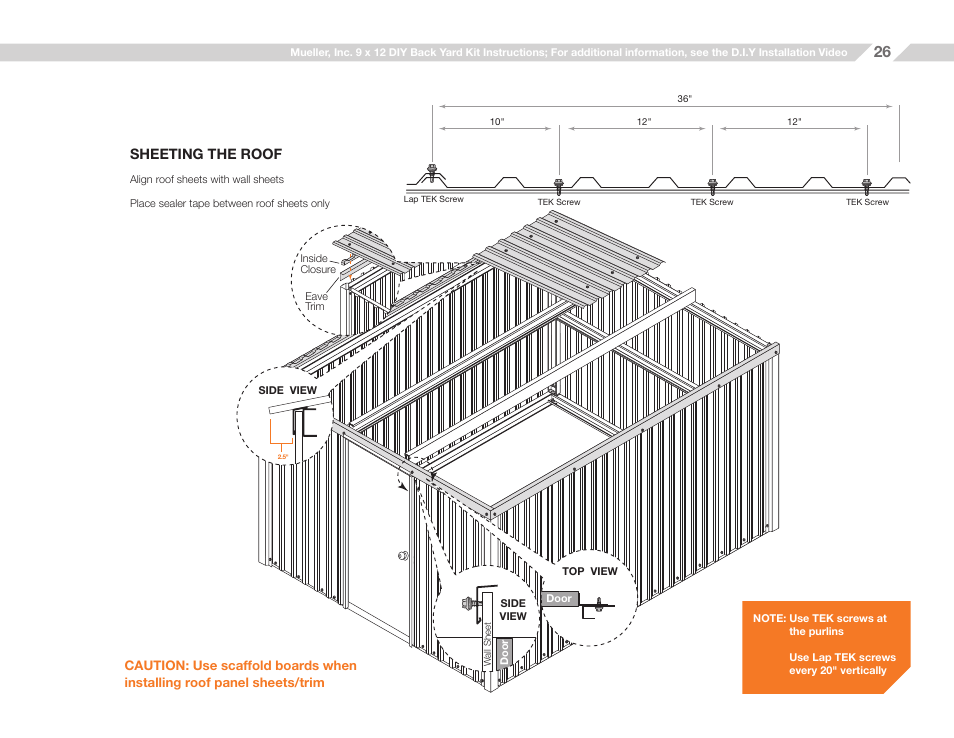 Sheeting the roof | Mueller 9x12 (D.I.Y.) with Optional Center Girts and Floor Kit User Manual | Page 26 / 29
