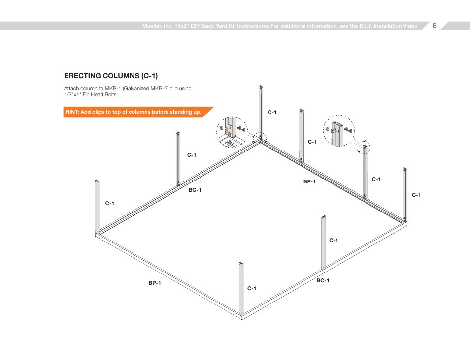 Erecting columns (c-1) | Mueller 18x21 (D.I.Y.) with Optional Center Girts and Floor Kit User Manual | Page 8 / 32