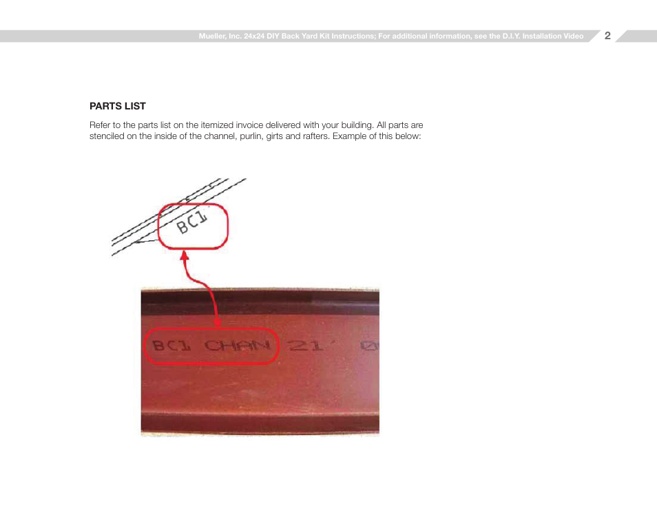 Parts list | Mueller 24x24 (D.I.Y.) with Optional Center Girts and Floor Kit User Manual | Page 2 / 33
